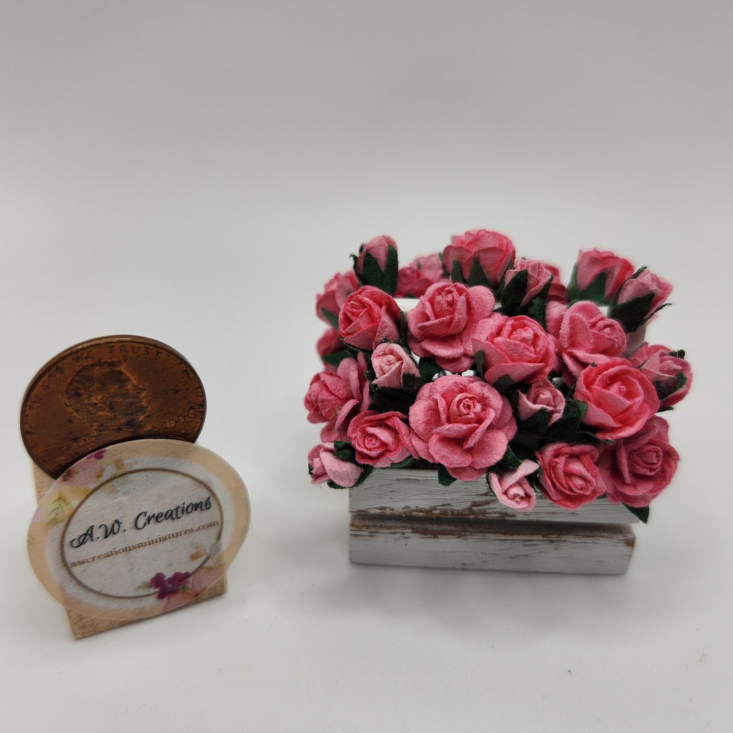 White Wooden Trug - Pink Rose