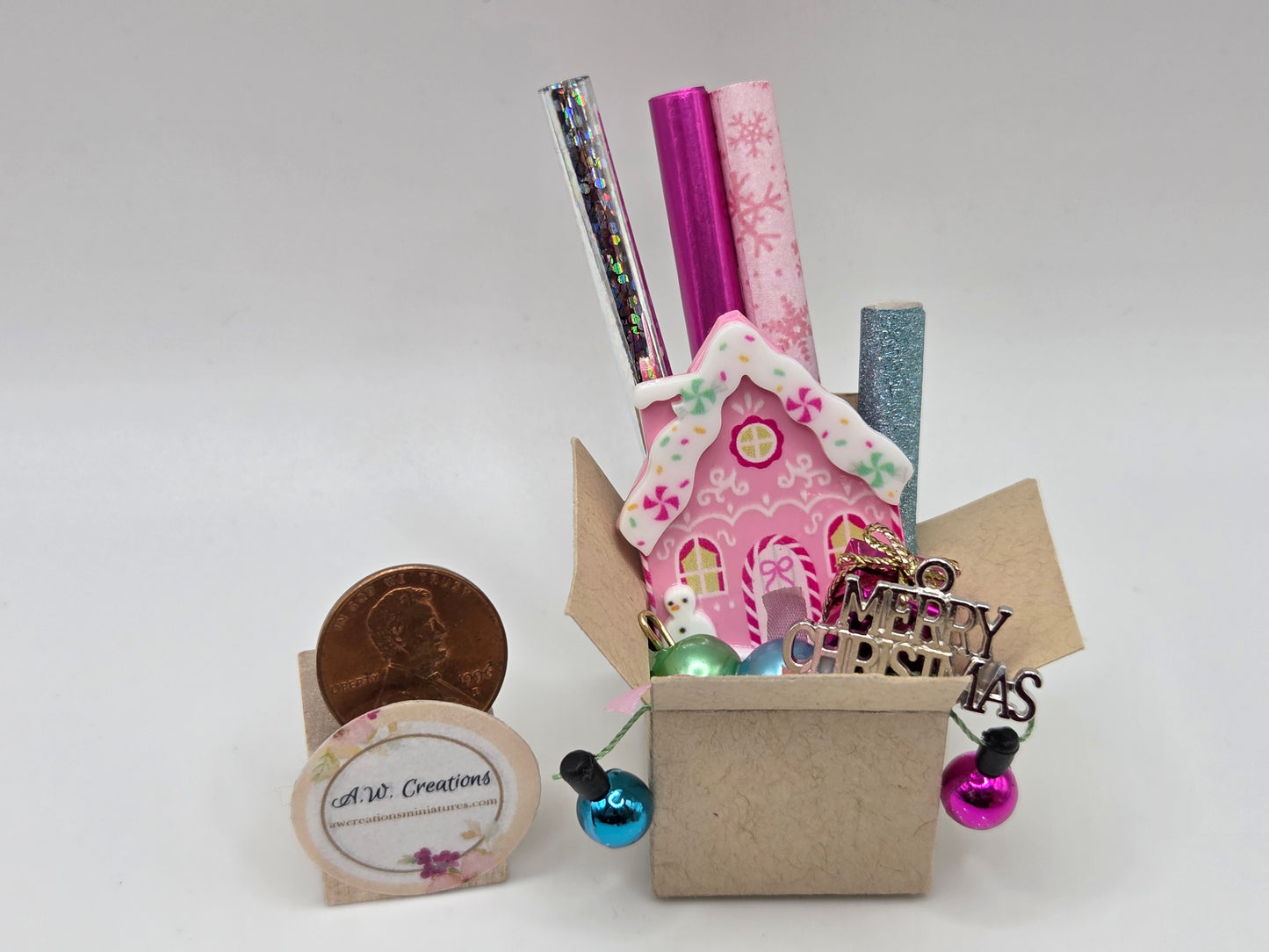 Box of Christmas Decorations - Pink Gingerbread House