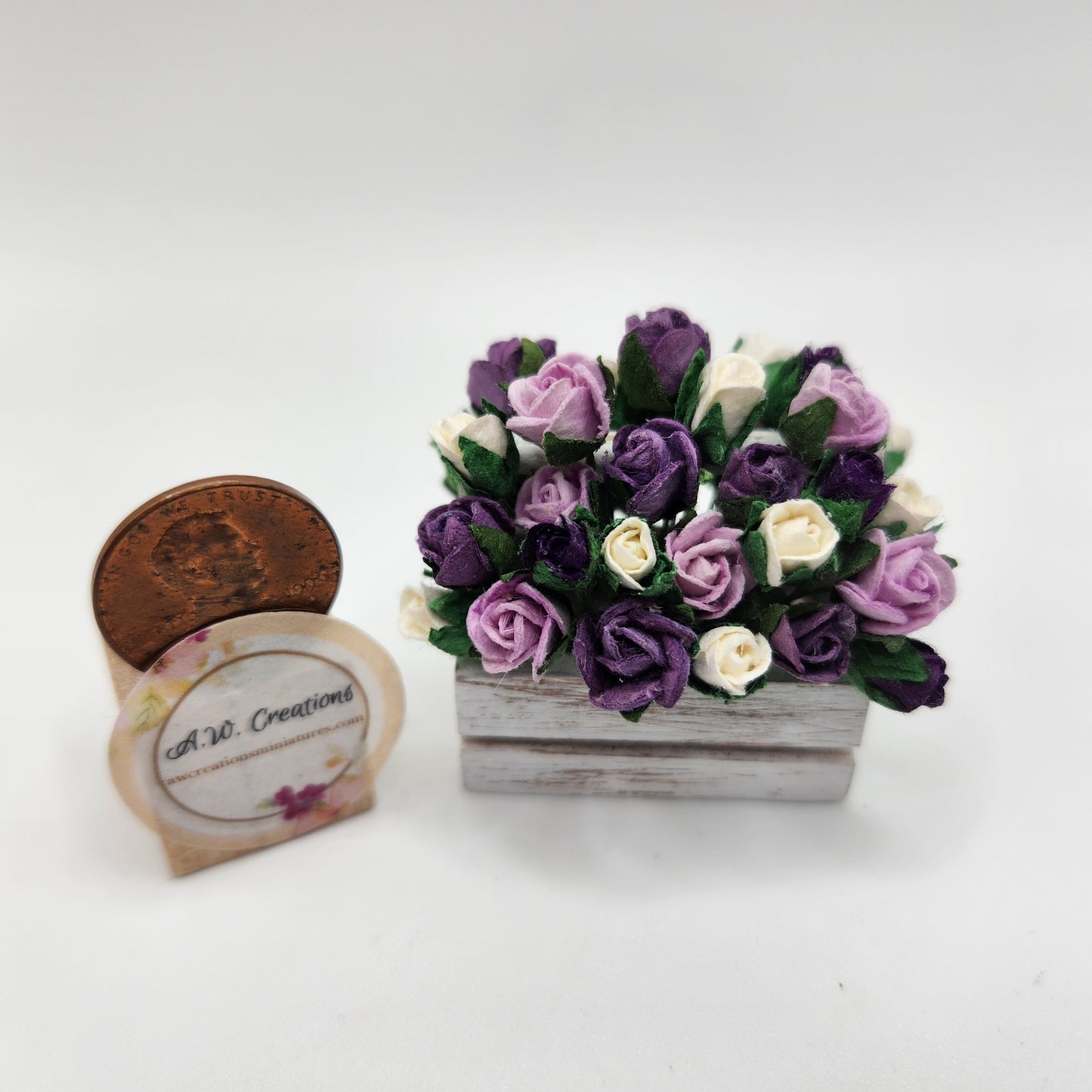 White Wooden Trug - Purple Roses