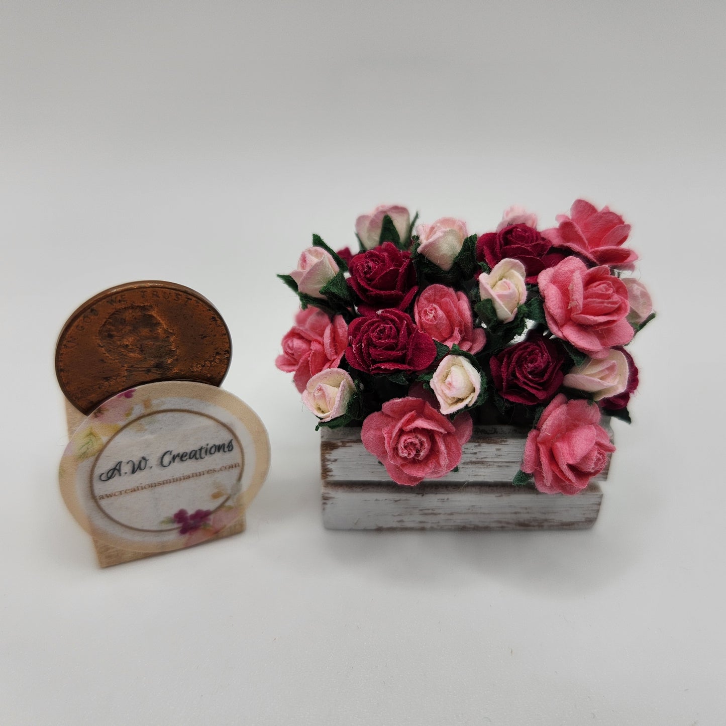 White Wooden Trug - Pink & Red Roses