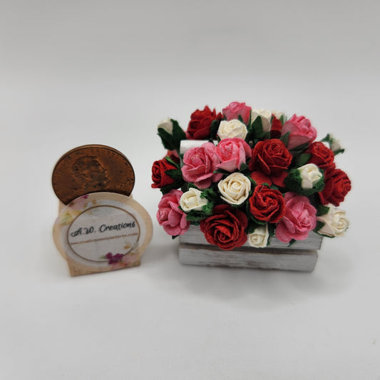 White Wooden Trug - Red, Pink & White Roses