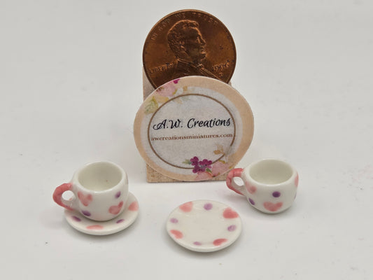 Cup & Saucer - Pink Hearts & Purple Polka Dots