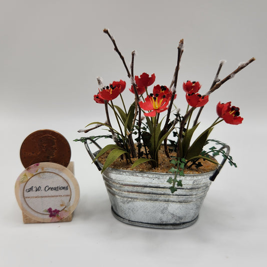Wash Tub Planter - Red Tulips